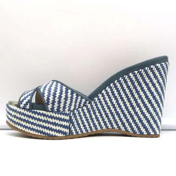 JIMMY CHOO PERFUME CRISSCROSS PLATFORM WEDGE SANDALS BLUE WOVEN RAFFIA SIZE 37 - Picture 7 of 11